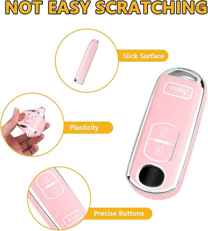 FT FUNTOR for Mazda Key Cover,3 Buttons TPU Key Cover with Silver Edge,Compatible with Mazda 3 6 CX-3 CX-5 CX-7 CX-9 with Keychain (B-Pink)
