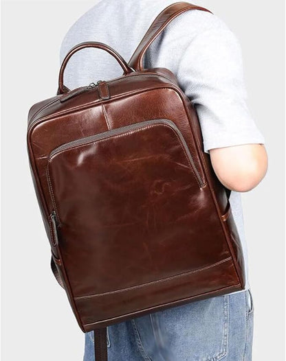 Genuine Leather Backpack for Men Travel Laptop Bag Casual Daypack Business Briefcase Durable Work Bag Gift Box (Brown)