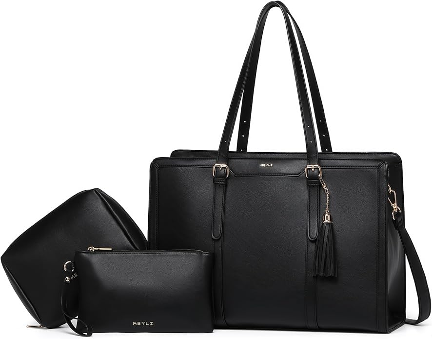 Keyli 4pc Sets Laptop Bag for Women Large Leather Laptop Briefcase with USB Charging Port Computer Shoulder tote Bags Purse