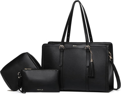 Keyli 4pc Sets Laptop Bag for Women Large Leather Laptop Briefcase with USB Charging Port Computer Shoulder tote Bags Purse