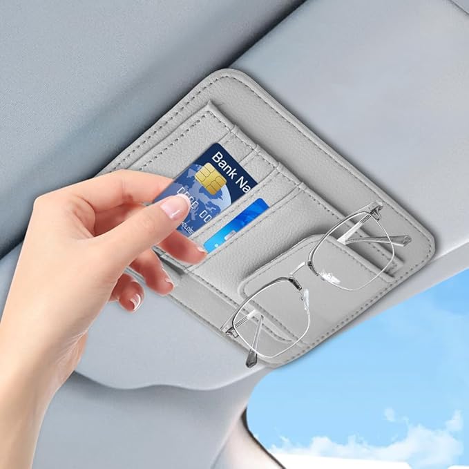 Small Leather Sun Visor Organizer, Visor Accessories, Multi-Pocket Sunvisor Storage with Sunglass Holder, Car Organizer for Drving License Card Pen Fits Most Vehicles (Grey)