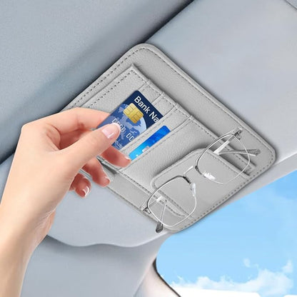 Small Leather Sun Visor Organizer, Visor Accessories, Multi-Pocket Sunvisor Storage with Sunglass Holder, Car Organizer for Drving License Card Pen Fits Most Vehicles (Grey)