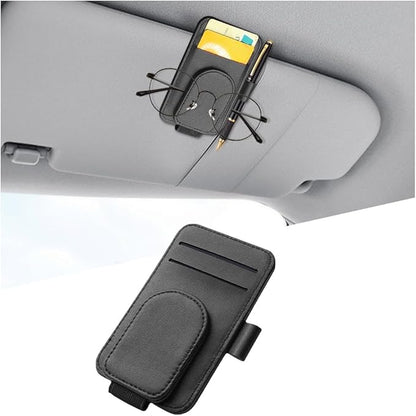Car Sun Visor Organizer, Magnetic Leather Auto Sunglass Card Pen Pocket Holder for Registration & Drving License, Vehicle Interior Glasses Clip Accessories, Universal for SUV Sedan Truck (Black)