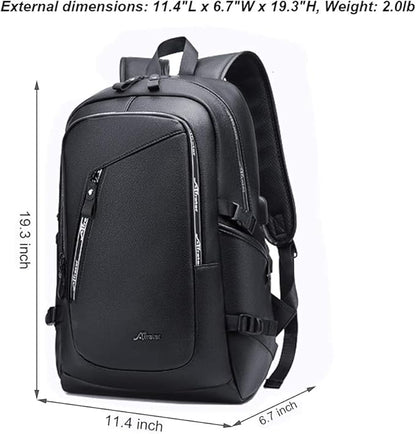 DYJ Vegan Leather Laptop Backpack for Women&Men, PU Vintage Travel Daypacks with USB Charging Port 17 Inch Laptop