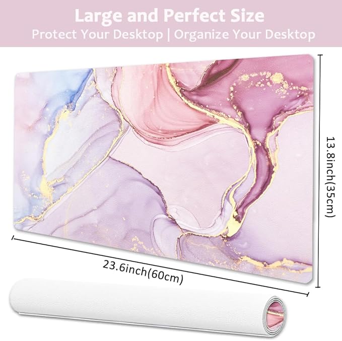 Large Mouse Pad, Desk Mat for Desktop, Dual Side PU Leather Waterproof Gaming Mousepad Desk Pad, Desk Protector Writing Pads Desk Accessories for Office and Home (A-Pink Marble, 24''X14'')