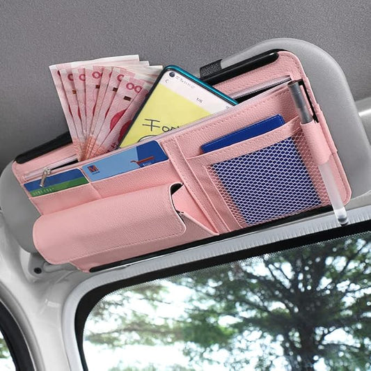 JEYODA Car Sun Visor Organizer Auto Car Visor Pocket and Interior Accessories Car Storage Organizer with Multi-Pocket Net Zippers (Style 2-Pink) 1942