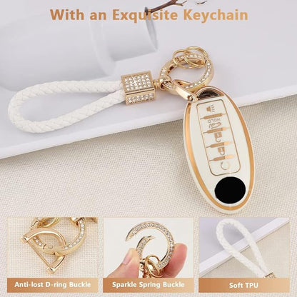 PIFOOG Accessories for Nissan Key Cover TPU Car Keys Shell Chain Waterproof Fit Altima Sentra Rogue Pathfinder Murano Armada Maxima Versa Remote Key White Girly
