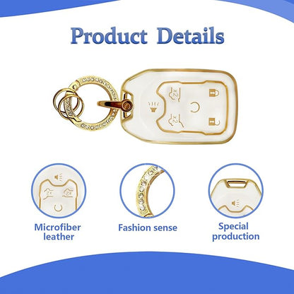 Soft TPU Key Fob Cover Case Shell Protector Key Cover Compatible with Chevy Chevrolet Suburban Tahoe GMC Terrain Yukon Yukon XL Car Key with Bling Keychain for Accessories (White)