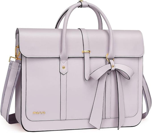 MOSISO Laptop Bag for Women, 13-14 inch PU Leather Laptop Shoulder Bags Convertible Backpack, 13.3 inch Messenger Bags Casual Handbag Work Briefcase Travel Computer Bag with Bowknot, Dusty Lilac