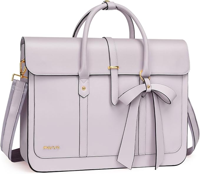 MOSISO Laptop Bag for Women, 15-15.6 inch PU Leather Laptop Shoulder Bags Convertible Backpack, 16 inch Messenger Bags Casual Handbag Work Briefcase Travel Computer Bag with Bowknot, Dusty Lilac