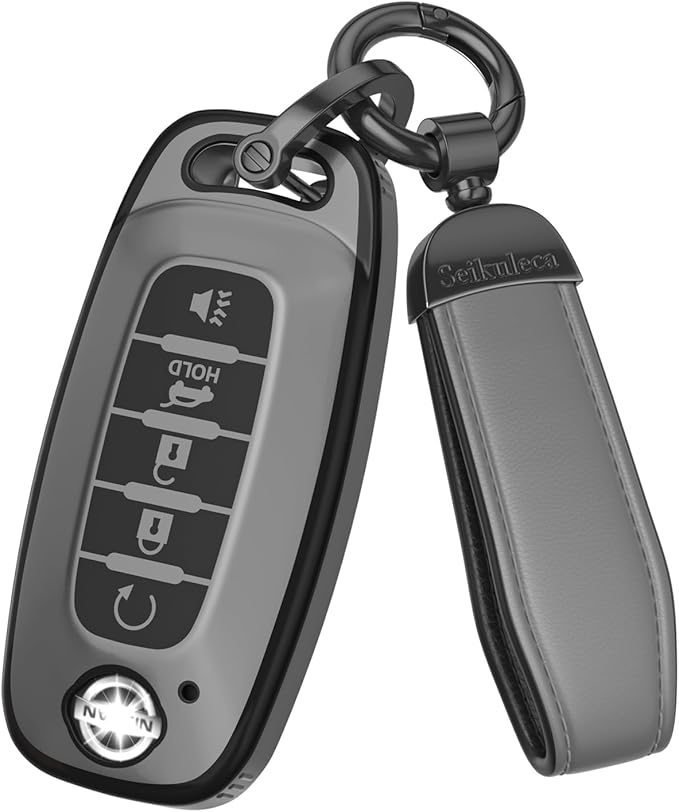 For Nissan Key Fob Cover Accessories- Matte TPU Key Fob Cover with Leather Keychain for 2023 2024 Rogue Pathfinder Versa 2025 Sentra Patrol Armada Smart and More (Matte Gray, 5 Buttons)