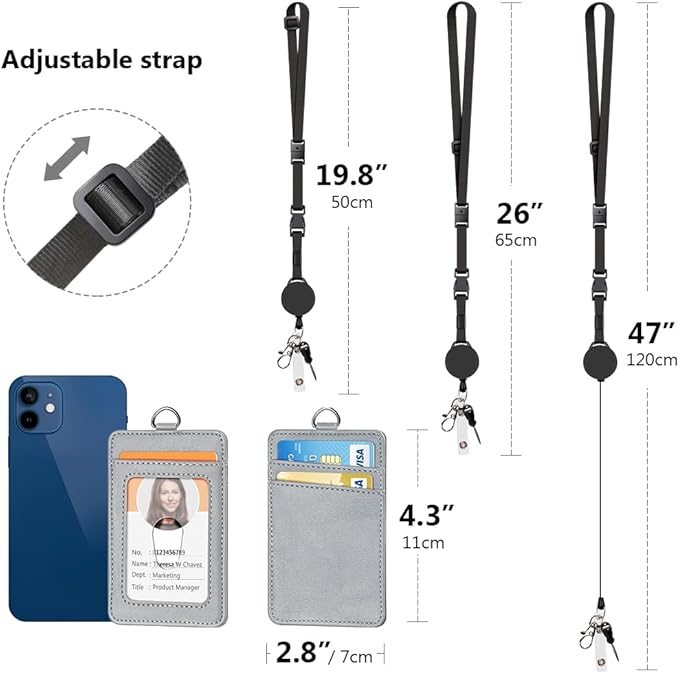 Leather Badge Holder and Adjustable Retractable Lanyards, Quick Release Buckle and Safety Breakaway Lanyards with Swivel Metal Clasp for Offices, Staff, Students, Employees