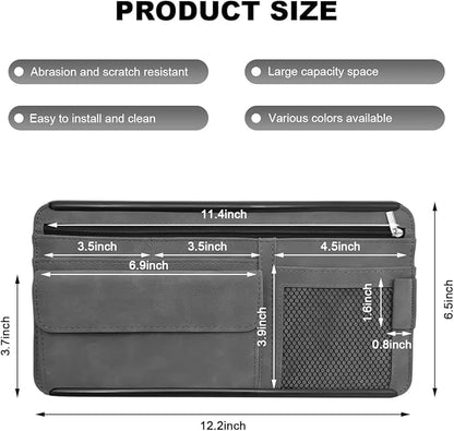 Car Sun Visor Organizer, Leather Sun Visor Pocket Organizer Case with Multi-Pocket Net Zipper, Suede Note Holder Car Visor Storage Pouch for Card Pen Sunglasses Document (Gray)