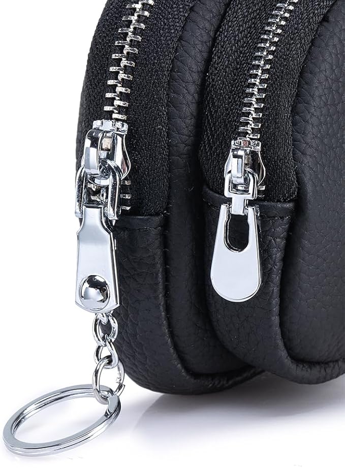 Genuine Leather Coin Purse with Keychain Clip Dual Zipper Mini Wallet Small Cute Pouch for Women & Men Compact Card Holder Wallet Key Holder (Ochre)