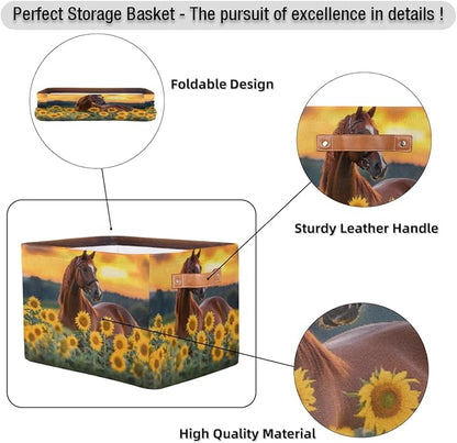 Animal Horse Sunflower Square Storage Basket Bin Canvas Fabric Compressible Organizer Basket with Handle for Bedroom Nursery Office, 1PCS