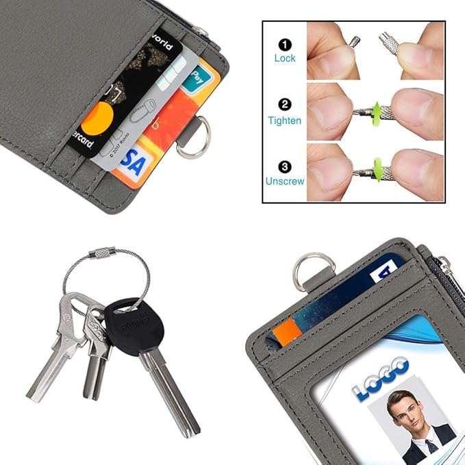 Badge Holder with Zipper, Life-Mate PU Leather ID Badge Card Holder Wallet Case with 5 Card Slots Zipper Pocket 19" Polyester Neck Lanyard Heavy Duty Metal Retractable Badge Reel (Gray)