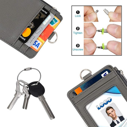 Badge Holder with Zipper, Life-Mate PU Leather ID Badge Card Holder Wallet Case with 5 Card Slots Zipper Pocket 19" Polyester Neck Lanyard Heavy Duty Metal Retractable Badge Reel (Gray)