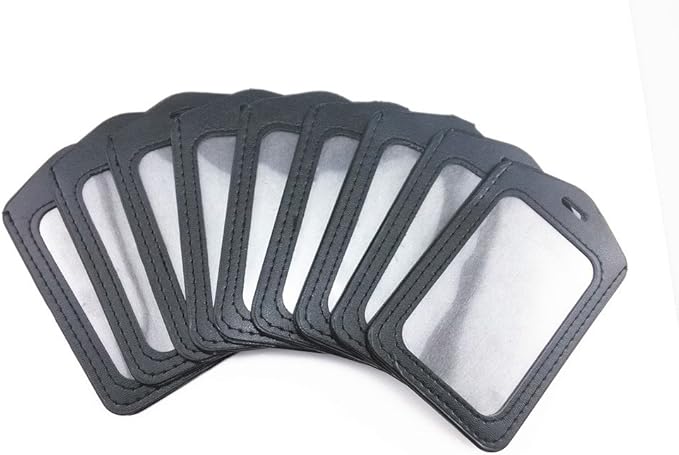 yueton 10pcs Vertical Style Leather Business ID Badge Card Holder, Name Card Business Card Holder Tag with Long Neck Strap Band Lanyard (Black)