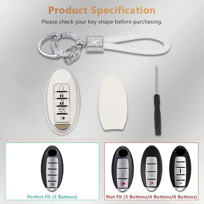 PIFOOG Car Key Cover for Nissan 5 Buttons Keys Fob Case TPU Bling Keychain for Nissan Altima Sentra Rogue Pathfinder Murano Armada Maxima Versa Girly Women White Silver