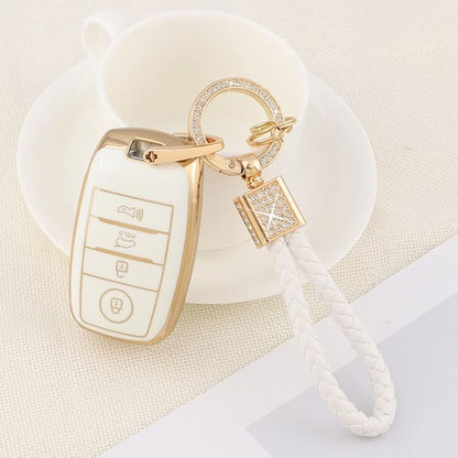 PIFOOG Key Fob Cover for Kia Optima Soul Sportage Sorento Forte Rio Niro Accessories Bling Keychain Soft TPU Car Keys Case Shell 4 Buttons Protector Girly Women Cute White Gold
