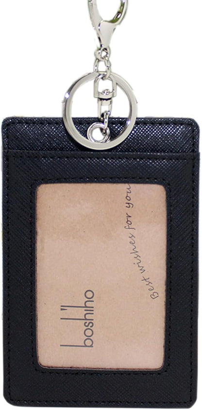 Boshiho Vertical Style Leather ID Card Badge Holder with Keychain Key Ring