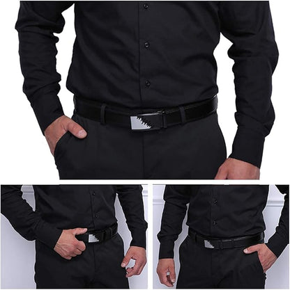 JINIU Men's Ratchet Belt Buckle, Black Genuine Leather Slide Belt for Men Dress Suit, Micro Adjustable Trim to Fit Boxed