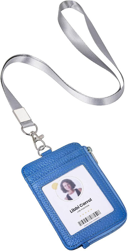 Badge Holder – Genuine Leather ID Badge Holder with Zipper Pocket and Nylon Lanyard – Perfect for Badges, Cards, and More
