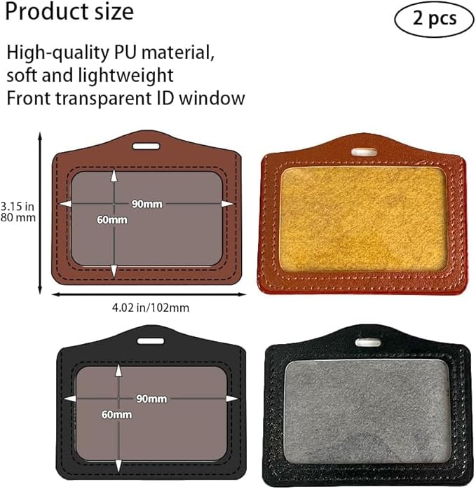 2 Pcs Black Brown Durable Leather ID Badge Holder, Double Sided Clear Window Horizontal Holders Waterproof Name Card Holders for Office, Staff, Students