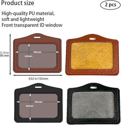 2 Pcs Black Brown Durable Leather ID Badge Holder, Double Sided Clear Window Horizontal Holders Waterproof Name Card Holders for Office, Staff, Students
