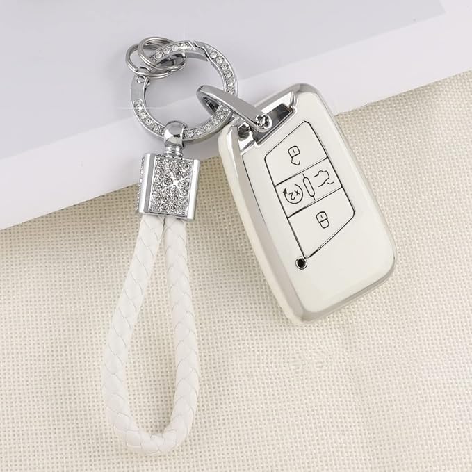 PIFOOG Key Fob Cover for VW Soft TPU 4 Button Keys Case Shell Protector Glitter Keychain Car Accessories for Volkswagen Jetta Tiguan Atlas Arteon Taos Girly Cute White Gold