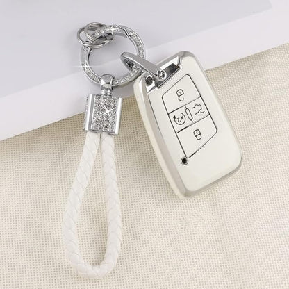 PIFOOG Key Fob Cover for VW Soft TPU 4 Button Keys Case Shell Protector Glitter Keychain Car Accessories for Volkswagen Jetta Tiguan Atlas Arteon Taos Girly Cute White Gold