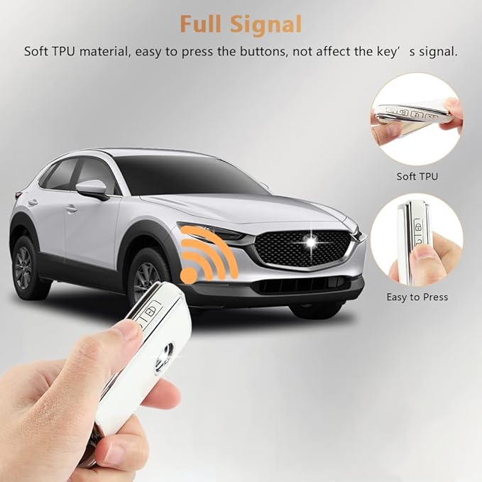 PIFOOG Car Key Case for Mazda 3 6 CX9 CX5 CX30 MX5 CX50 Accessories TPU Keys Fob Cover Shell Cute Bling Keychain Landyard Full Protection 4 Buttons Girly Women White Silver