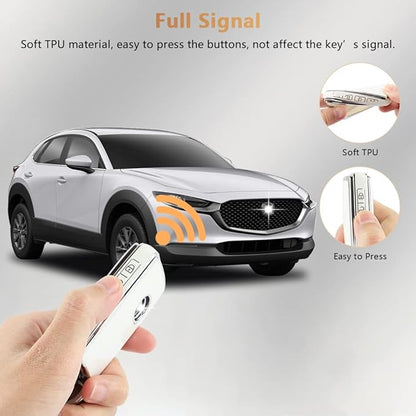 PIFOOG Car Key Case for Mazda 3 6 CX9 CX5 CX30 MX5 CX50 Accessories TPU Keys Fob Cover Shell Cute Bling Keychain Landyard Full Protection 4 Buttons Girly Women White Silver
