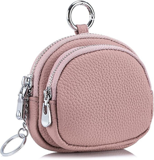 Genuine Leather Coin Purse with Keychain Clip Dual Zipper Mini Wallet Small Cute Pouch for Women & Men Compact Card Holder Wallet Key Holder (Pink)