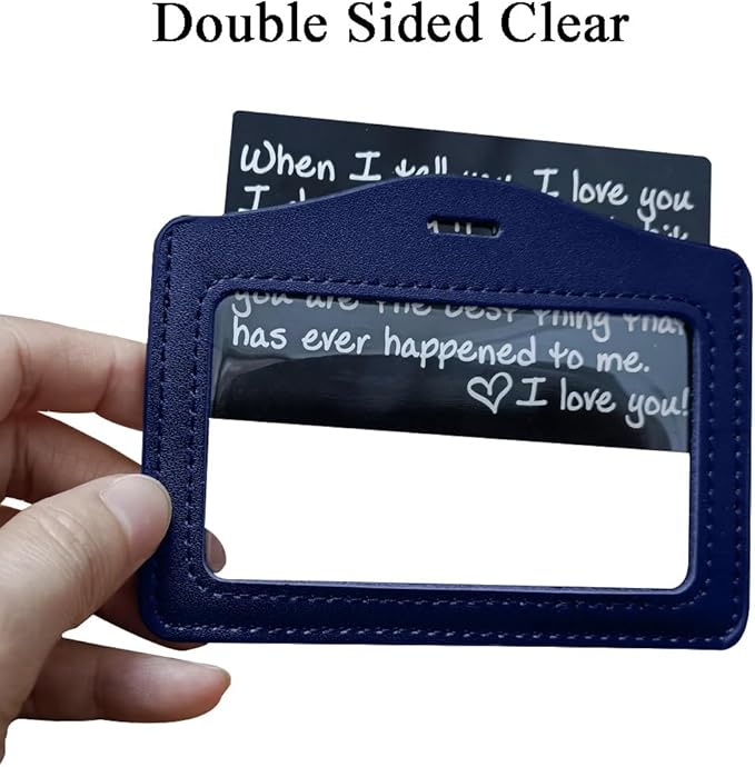 Larpur Pack of 2 ID Badge Holders, Horizontal Leather Card Case with Clear ID Window, Blue - Double Sided Clear, Work Badge Holder for Students, Teachers, Employees