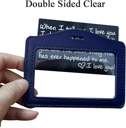 Larpur Pack of 2 ID Badge Holders, Horizontal Leather Card Case with Clear ID Window, Blue - Double Sided Clear, Work Badge Holder for Students, Teachers, Employees