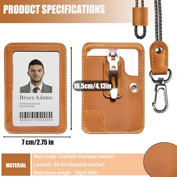1 Pc LeeFirst Leather ID Badge Holder with Neck Lanyard, Durable ID Card Holder with Detachable Mental Clip for Men Women, Clear Window, 3 Card Slots, Leather Lanyard for Work, School, Golden-Brown