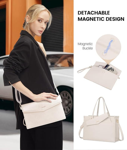 LOVEVOOK Laptop Bag for Women, 15.6'' Laptop Tote Purse 2-in-1 Professional Work Bag Business Briefcase with Clutch Purse, Waterproof Leather Computer Handbag for Teacher Office Travel