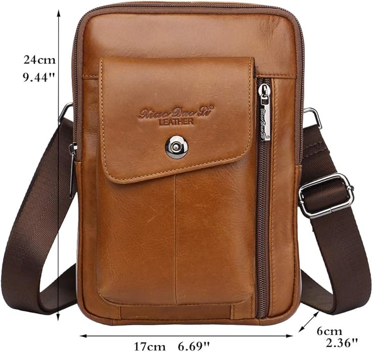 Hebetag Small Leather Sling Shoulder Bag Messenger Pack for Men Women Outdoor Travel Business