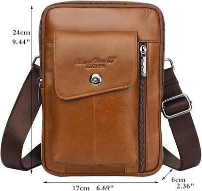 Hebetag Small Leather Sling Shoulder Bag Messenger Pack for Men Women Outdoor Travel Business