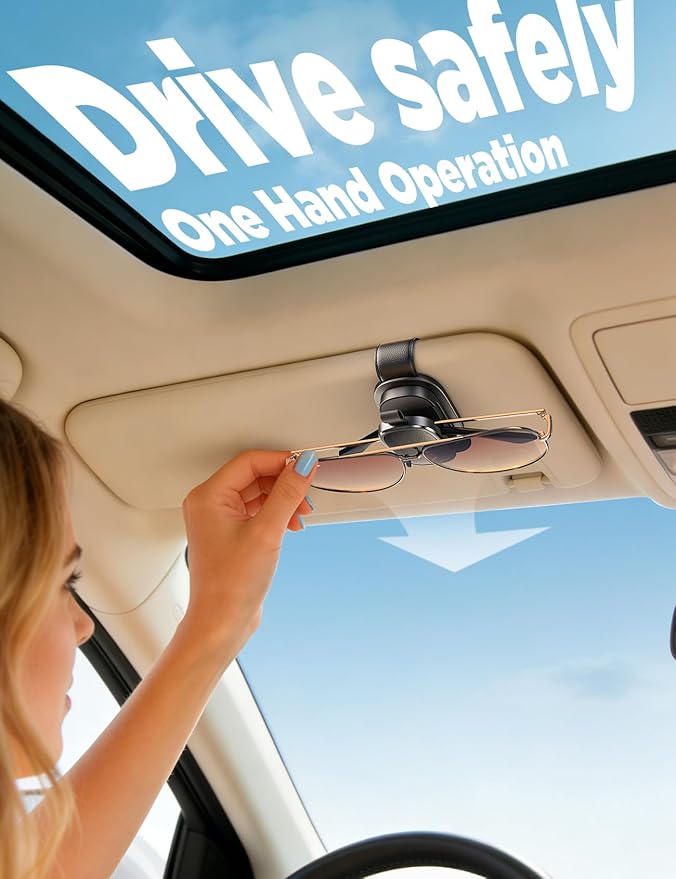 Sunglass Holder for Car, Chfeila Upgrade 360° Rotating & One-Hand Operation Magnetic Glasses Clip, Leather Sun Eyeglass Visor Organizer, Scratch-Free Eyewear Hanger for Car Accessories Gadgets - Black