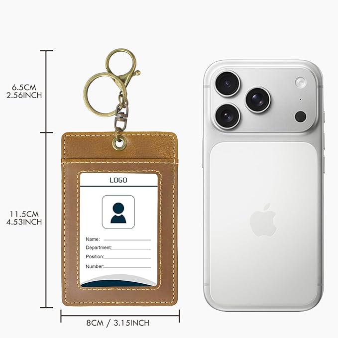 Badge Holder: Boshiho Cowhide Leather ID Card Badge Holder with Keychain Key Ring, Vertical Style (Light Brown)