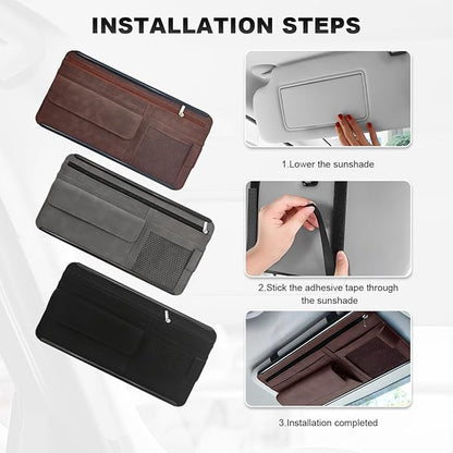Sun Walker Car Sun Visor Organizer, Suede Leather Visor Storage Pouch Holder with Net Zipper, Multi-Pocket Vehicle Sunshade Organizer for Eyeglasses Card License Registration (Brown)