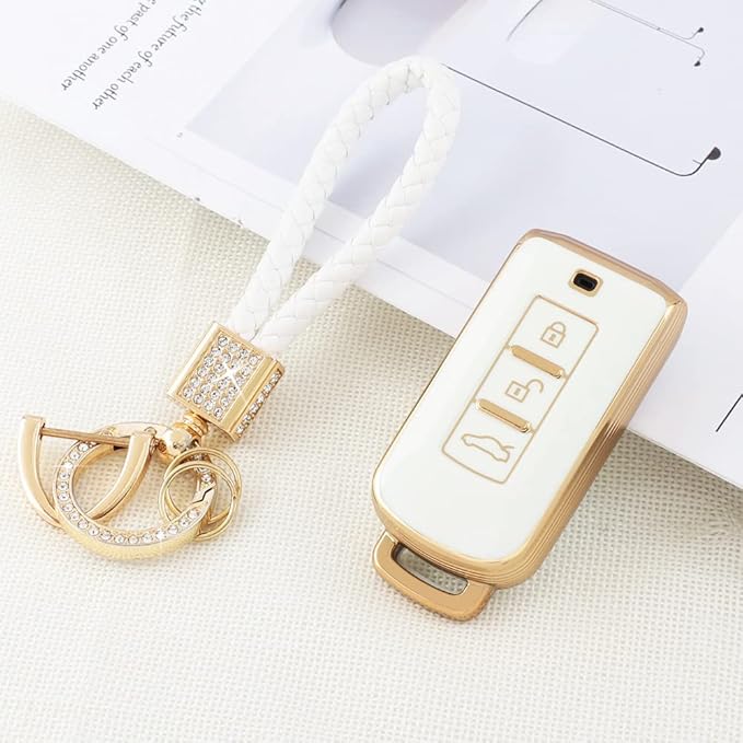 PIFOOG Key Fob Cover for Mitsubishi Accessories Outlander Lancer Mirage Car Keys Shell Case Protector Full Covers Bling Keychain Girly Women White Gold Soft TPU