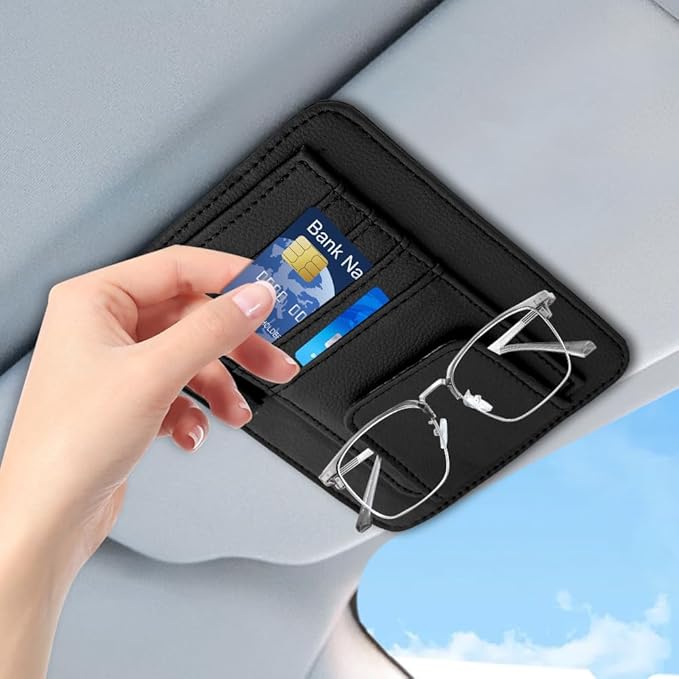 Small Leather Sun Visor Organizer, Visor Accessories, Multi-Pocket Sunvisor Storage with Sunglass Holder, Car Organizer for Drving License Card Pen Fits Most Vehicles (Black)