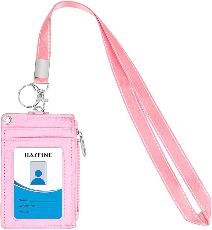 HASFINE ID Badge Holder with Lanyard,2 Sided 5 Card Slots ID Card Holder Wallet with PU Leather Zipper Pocket and Detachable Keychain Lanyard for Teens Women(Pink)