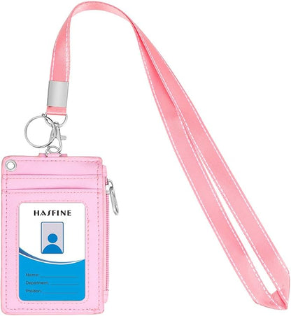 HASFINE ID Badge Holder with Lanyard,2 Sided 5 Card Slots ID Card Holder Wallet with PU Leather Zipper Pocket and Detachable Keychain Lanyard for Teens Women(Pink)