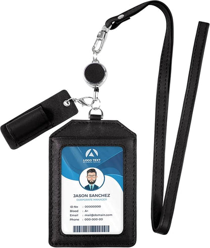 Office Badge Holder - Boshiho Genuine Leather Credit ID Card Holder with Stretch Neck Lanyard Vertical Style (Black)