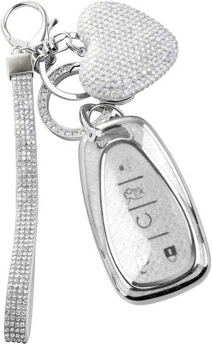 Compatible with Chevy Equinox Key Fob Covers,Stylish Car Key Cover with Bling Heart Keychain,5-Button Keys Fob Protector（White）