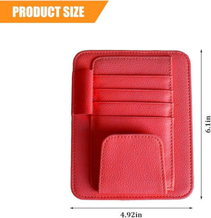 Car Sun Visor Organizer, PU Leather Vehicle Visor Document Storage Pocket for Sunglass Card Pen, Multifunctional Automotive Interior Holder Accessories, Universal Fit (Red)
